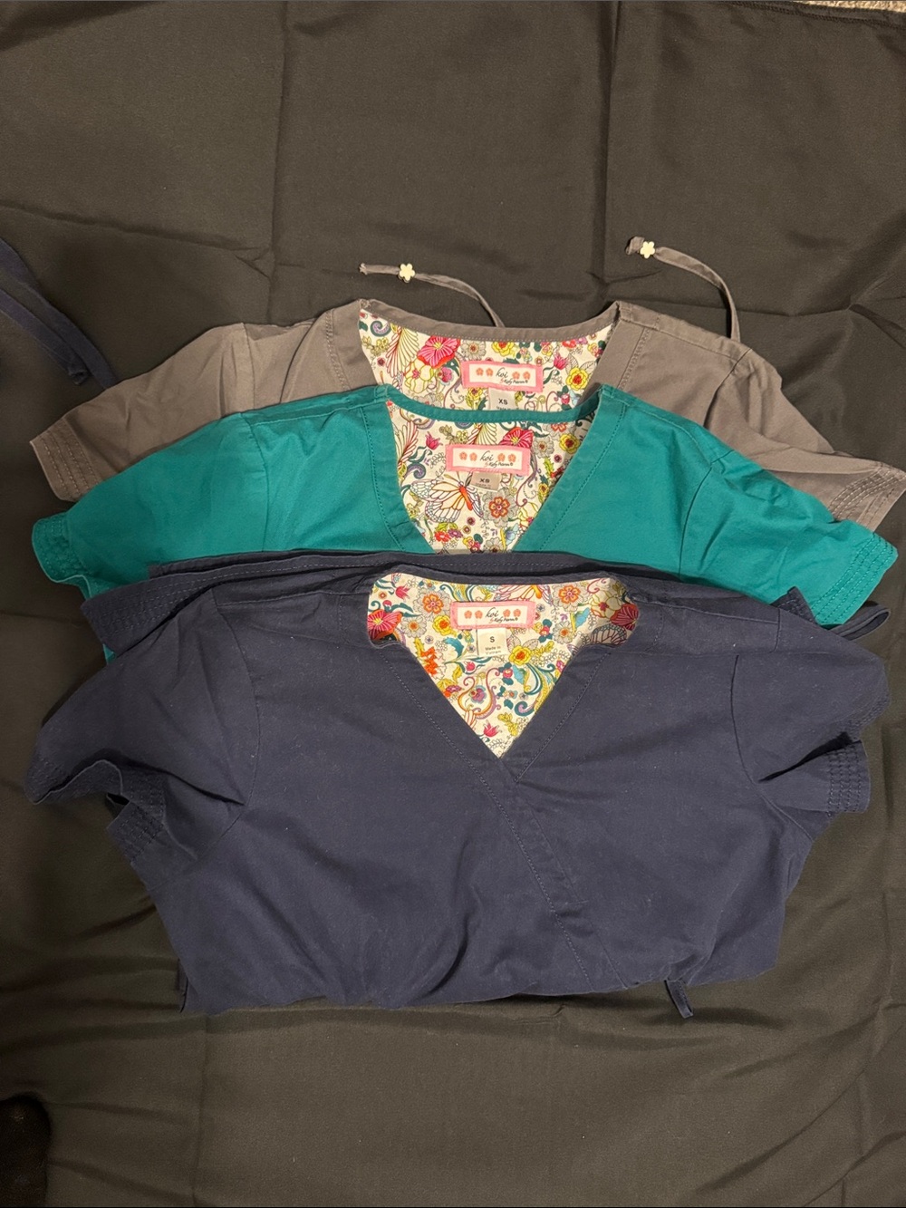 koi Navy, Teal & Gray Short Sleeve Scrub Tops, navy, teal, blue, & black bottom